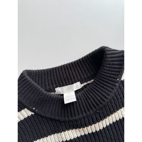 H&M Black Ivory Striped Cotton Chunky Rib Knit Crew Neck Loose Sweater, Size S - Picture 12 of 14